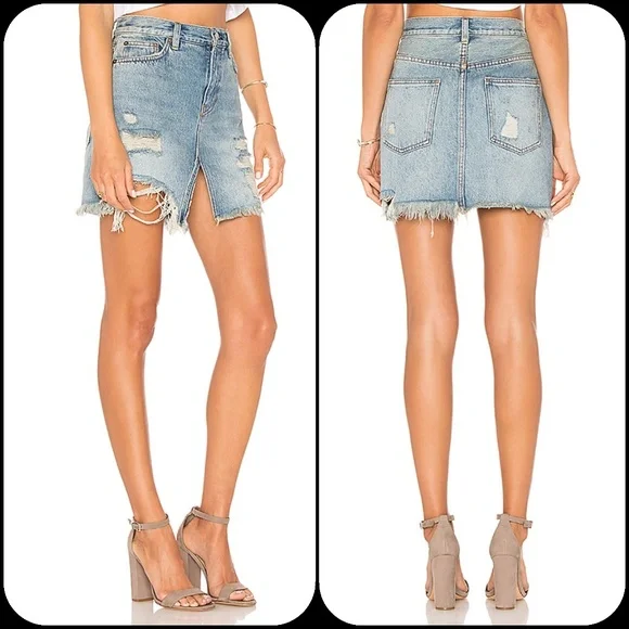We The Free People destroyed distressed Shredded denim jean mini skirt NWT 26 - Picture 2 of 9